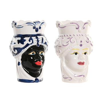 Planter Home ESPRIT Blue White Black Porcelain 12 x 12 x 20 cm (2 Units)