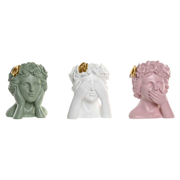 Vaso Home ESPRIT Bianco Verde Rosa Dorato Resina Città 16,5 X 16,5 X 20,5 cm (3 Unità)