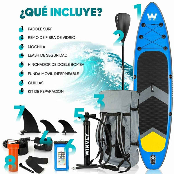 Tavola da Paddle Surf Gonfiabile con Accessori Winvey SUP-B Azzurro