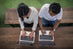 Coworking space with laptops from above